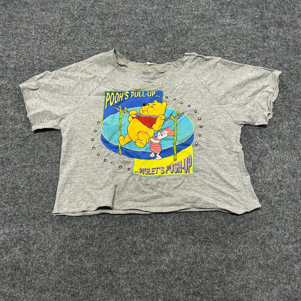 Disney T-Shirt Womens Size M Grey Pooh Graphic Cropped Raw Hem Distressed